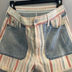 American Eagle Outfitters Women's Striped Jean Shorts - Blue and Red